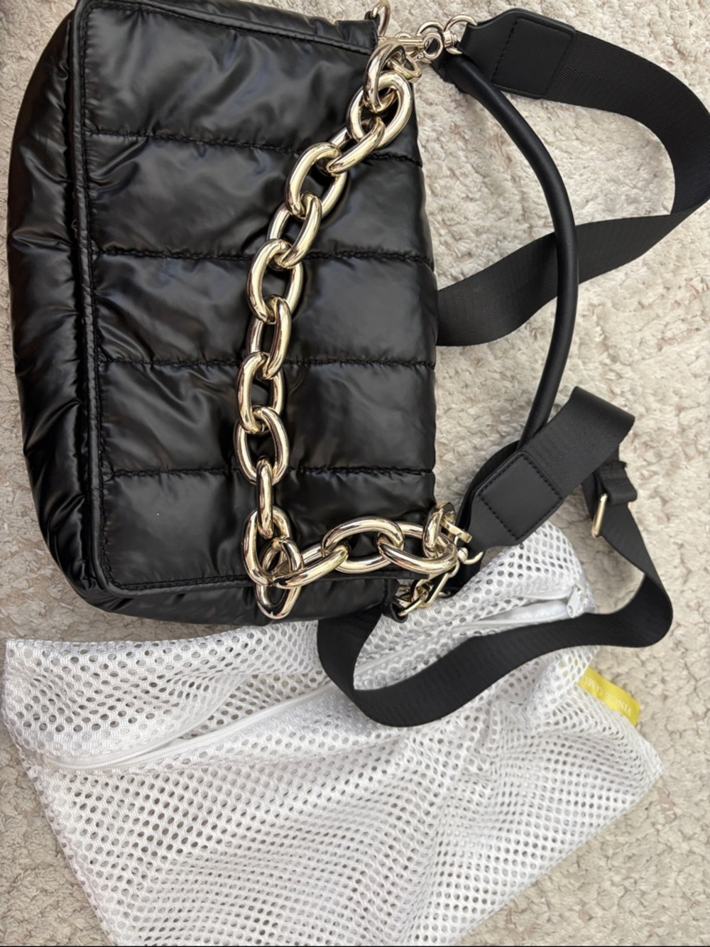 Vince Camuto Black Quilted Shoulder Bag with Gold Chain